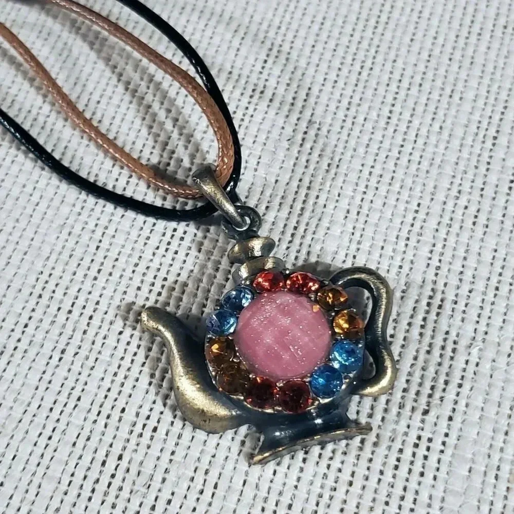 Rustic Antique Bronze Rhinestones Teapot Pendant Necklace Vegan Leather Cord - Picture 3 of 11